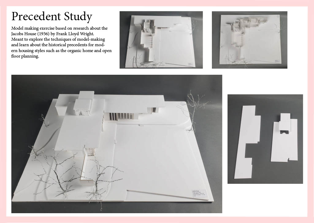 The Precedent Project requires you to research and remake a model of a house you were randomly assigned. This recreation of Frank Llyod Wright's Jacob house is made of mainly white materials to capture the form of the structure. Variation in the materials is meant to represent the various materials used in the actual house — mountboard for red bricks, foam board for timber, and watercolour paper as the window frames.